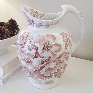 1800's Antique vase brown white large pitcher basin floral Transferware vintage